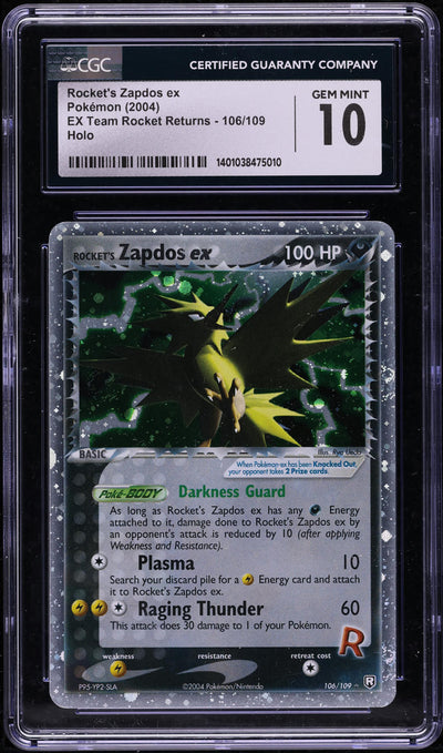 2004 POKEMON EX TEAM ROCKET RETURNS HOLO ZAPDOS EX #106 CGC 10 GEM MINT