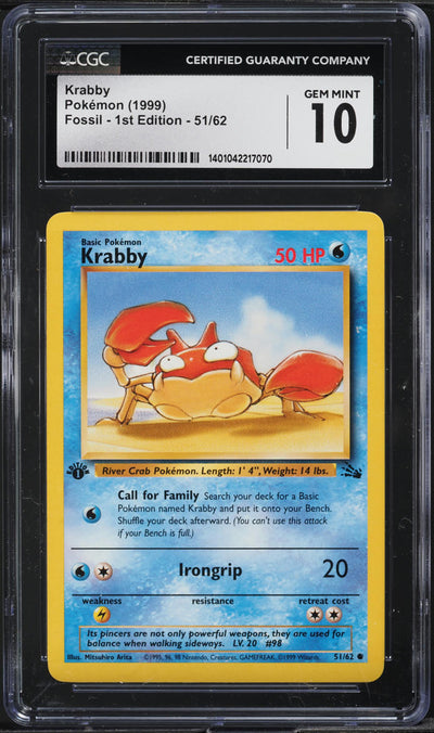 1999 POKEMON FOSSIL 1ST EDITION KRABBY #51 CGC 10 GEM MINT