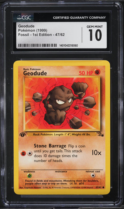 1999 POKEMON FOSSIL 1ST EDITION GEODUDE #47 CGC 10 GEM MINT