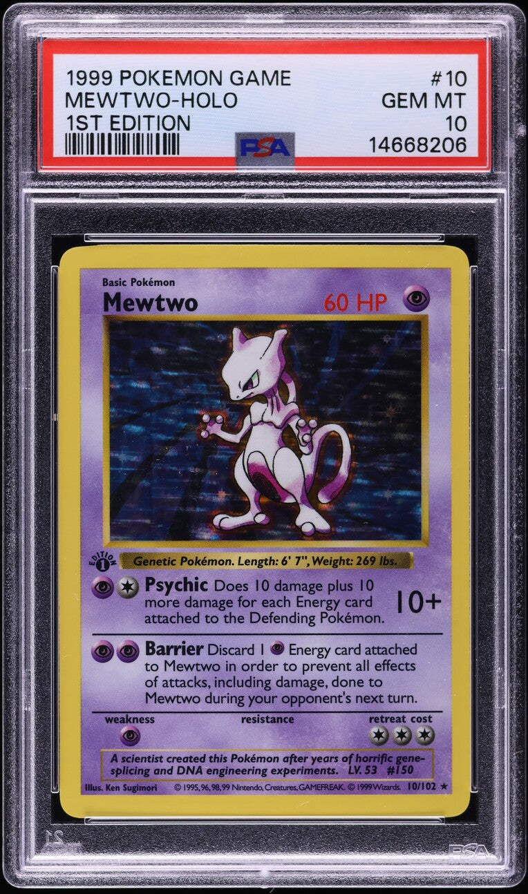 1999 POKEMON BASE SET SHADOWLESS 1ST EDITION HOLO MEWTWO #10 PSA 10 GEM MINT