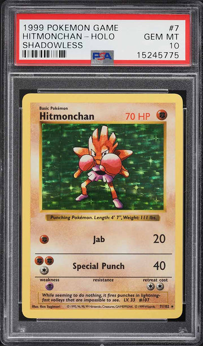 1999 POKEMON BASE SET SHADOWLESS HOLO HITMONCHAN #7 PSA 10 GEM MINT