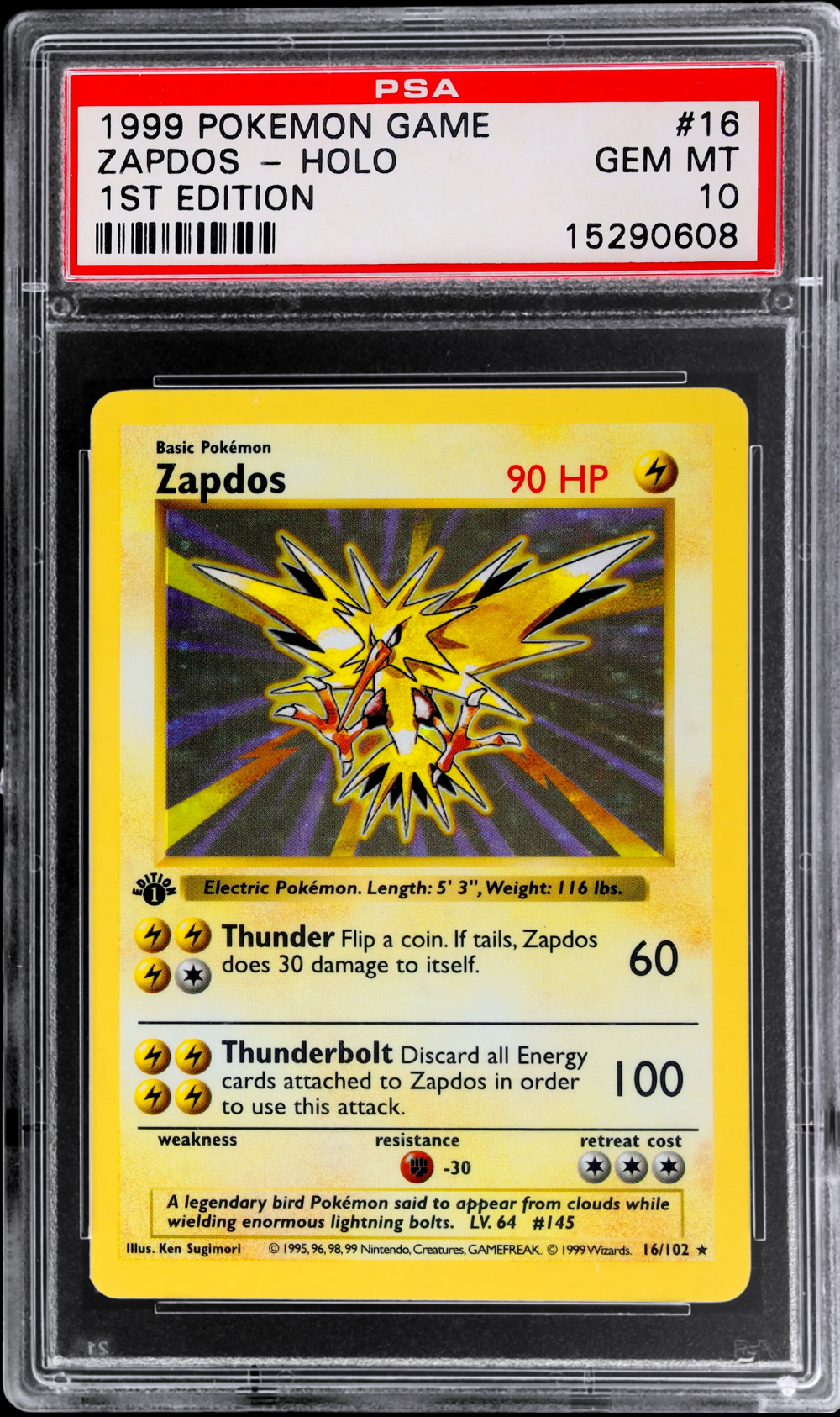 1999 POKEMON BASE SET 1ST EDITION HOLO ZAPDOS #16 PSA 10