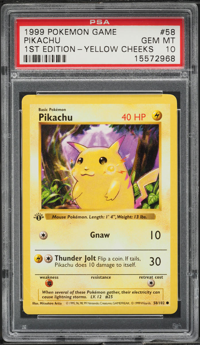 1999 POKEMON BASE SET SHADOWLESS 1ST EDITION YELLOW CHEEKS PIKACHU #58 PSA 10