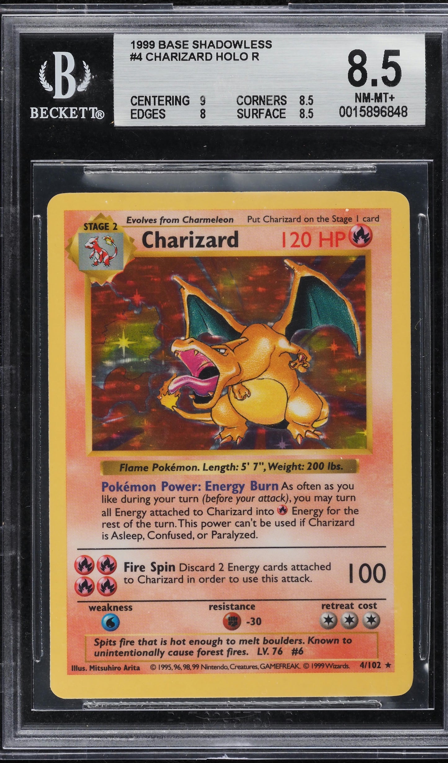 1999 POKEMON BASE SET SHADOWLESS HOLO CHARIZARD #4 BGS 8.5 NM-MT+