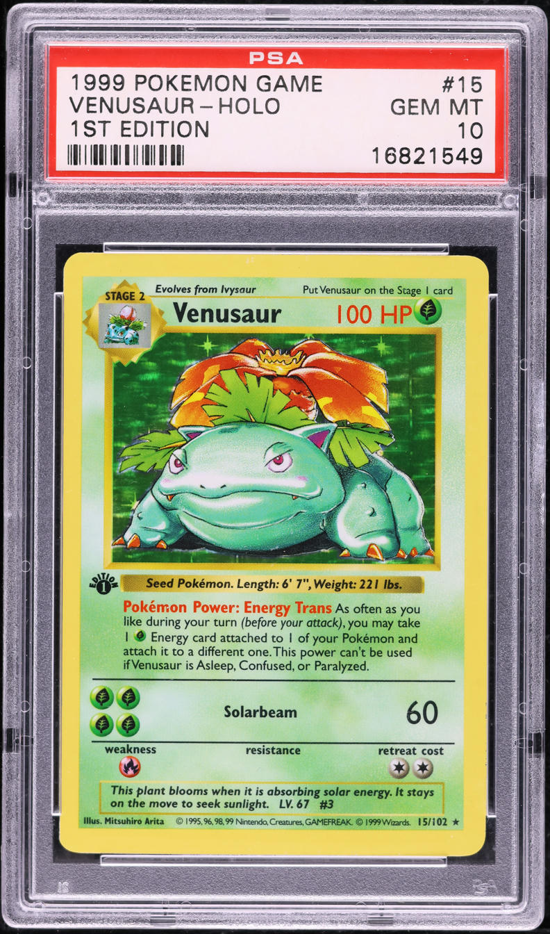 1999 POKEMON BASE SET SHADOWLESS 1ST EDITION HOLO VENUSAUR #15 PSA 10 GEM MINT
