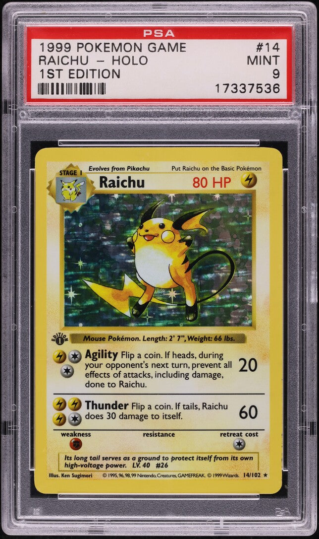 1999 POKEMON BASE SET SHADOWLESS 1ST EDITION HOLO RAICHU #14 PSA 9 MINT