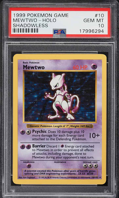 1999 POKEMON BASE SET SHADOWLESS HOLO MEWTWO #10 PSA 10 GEM MINT