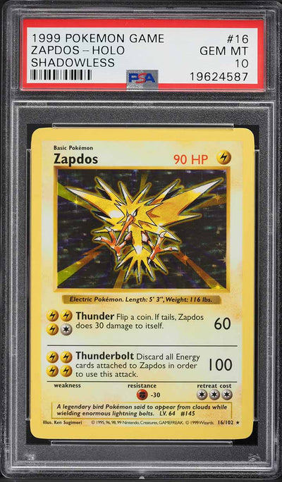 1999 POKEMON BASE SET SHADOWLESS HOLO ZAPDOS #16 PSA 10 GEM MINT