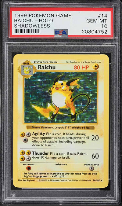 1999 POKEMON BASE SET SHADOWLESS HOLO RAICHU #14 PSA 10 GEM MINT