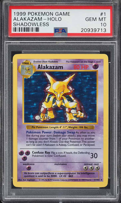 1999 POKEMON BASE SET SHADOWLESS HOLO ALAKAZAM #1 PSA 10 GEM MINT