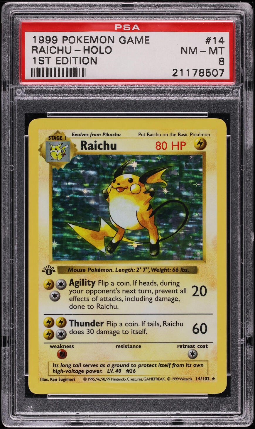 1999 POKEMON BASE SET SHADOWLESS 1ST EDITION HOLO RAICHU #14 PSA 8 NM-MT