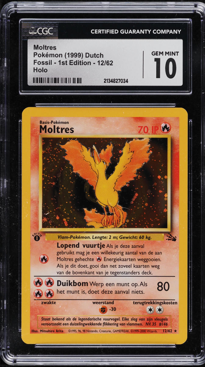 1999 POKEMON DUTCH FOSSIL 1ST EDITION HOLO MOLTRES #12 CGC 10