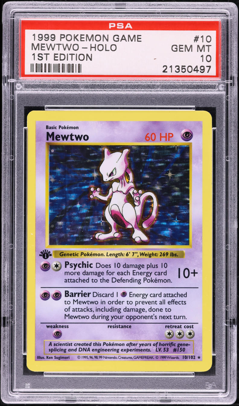 1999 POKEMON BASE SET SHADOWLESS 1ST EDITION HOLO MEWTWO #10 PSA 10 GEM MINT
