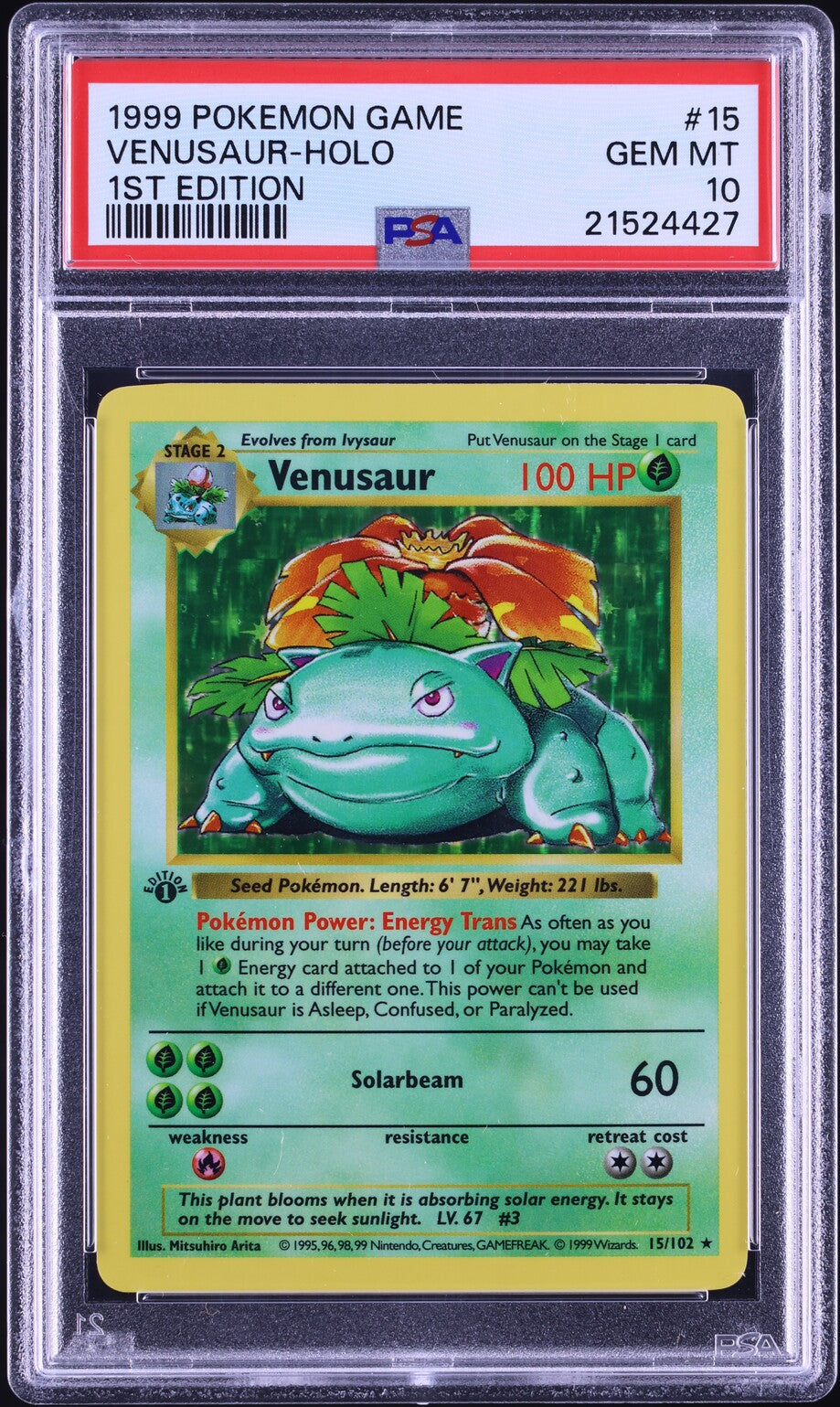 1999 POKEMON BASE SET SHADOWLESS 1ST EDITION HOLO VENUSAUR #15 PSA 10 GEM MINT