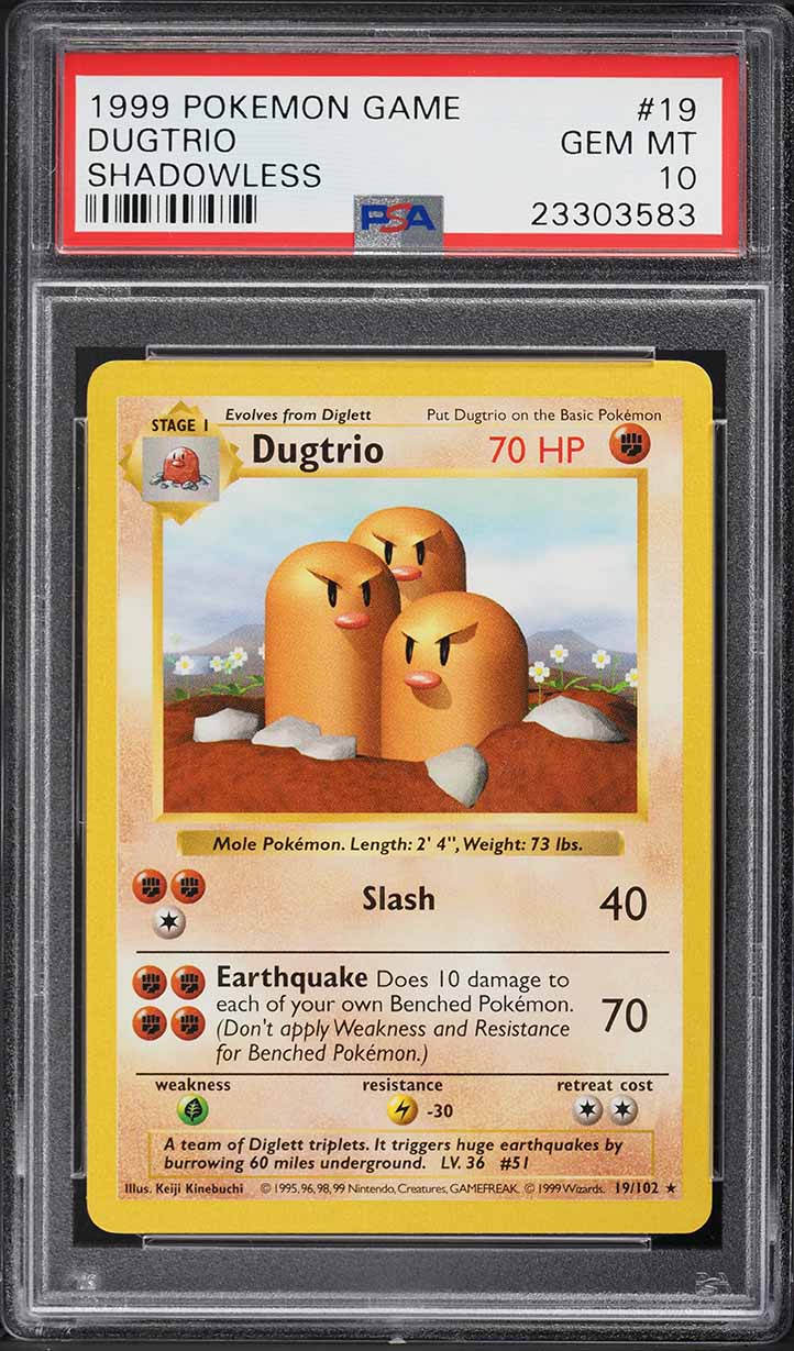 1999 POKEMON BASE SET SHADOWLESS DUGTRIO #19 PSA 10 GEM MINT