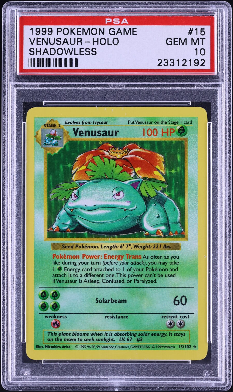 1999 POKEMON BASE SET SHADOWLESS HOLO VENUSAUR #15 PSA 10 GEM MINT