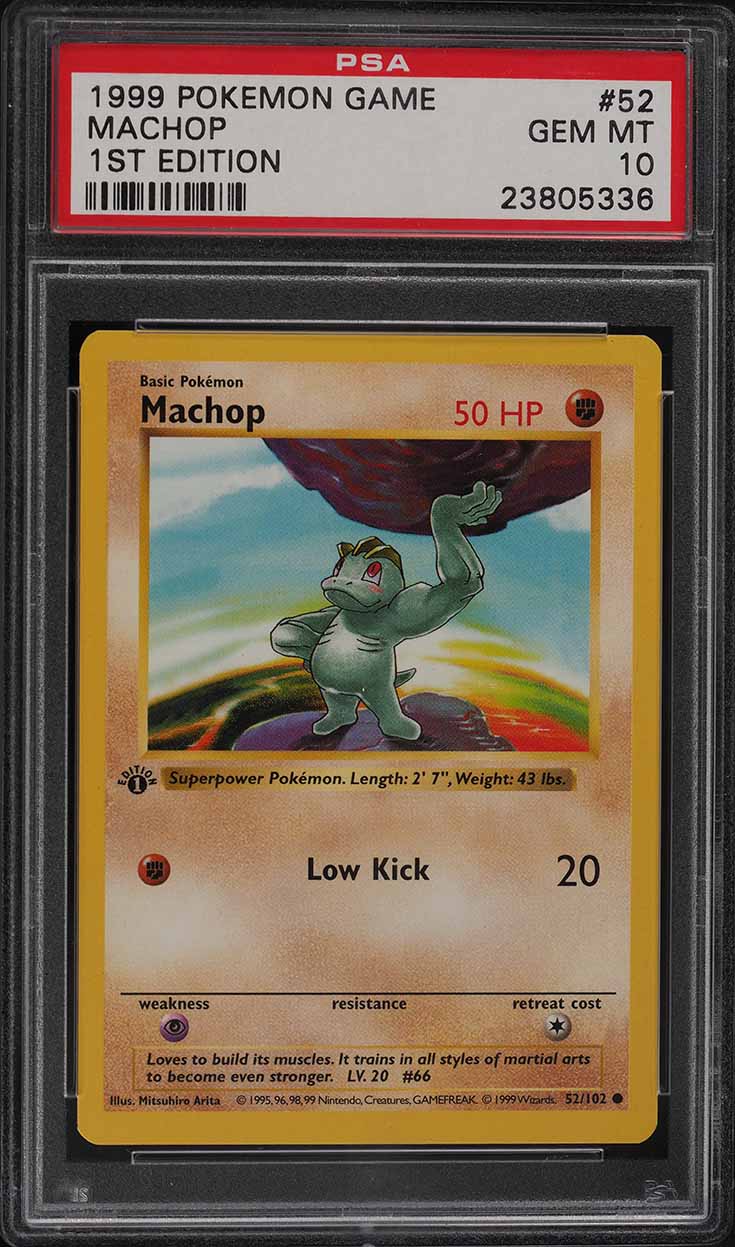 1999 POKEMON BASE SET SHADOWLESS 1ST EDITION MACHOP #52 PSA 10 GEM MINT