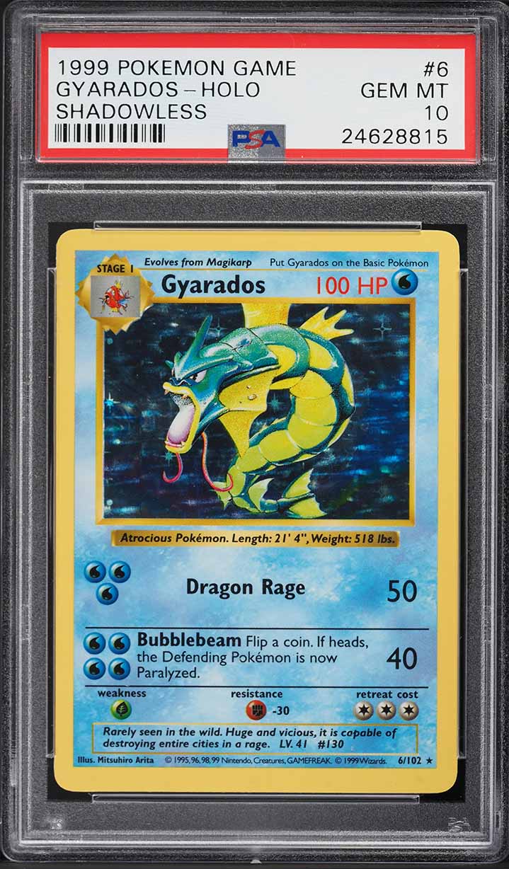 1999 POKEMON BASE SET SHADOWLESS HOLO GYARADOS #6 PSA 10 GEM MINT