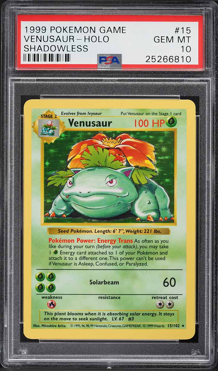 1999 POKEMON BASE SET SHADOWLESS HOLO VENUSAUR #15 PSA 10 GEM MINT