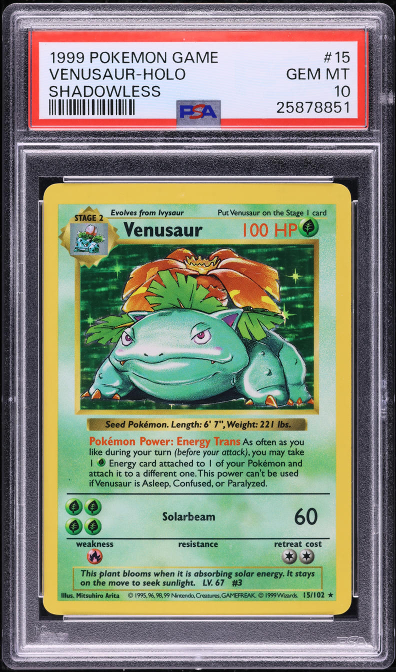 1999 POKEMON BASE SET SHADOWLESS HOLO VENUSAUR #15 PSA 10 GEM MINT