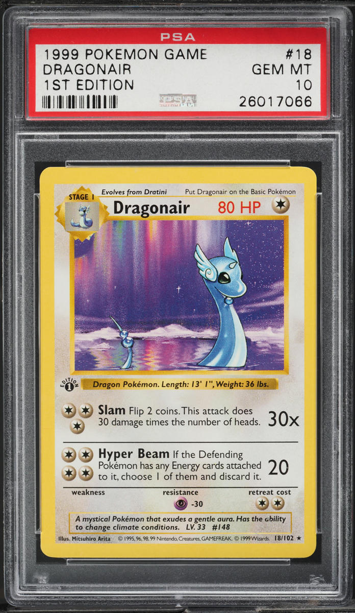 1999 POKEMON BASE SET SHADOWLESS 1ST EDITION DRAGONAIR #18 PSA 10 GEM MINT