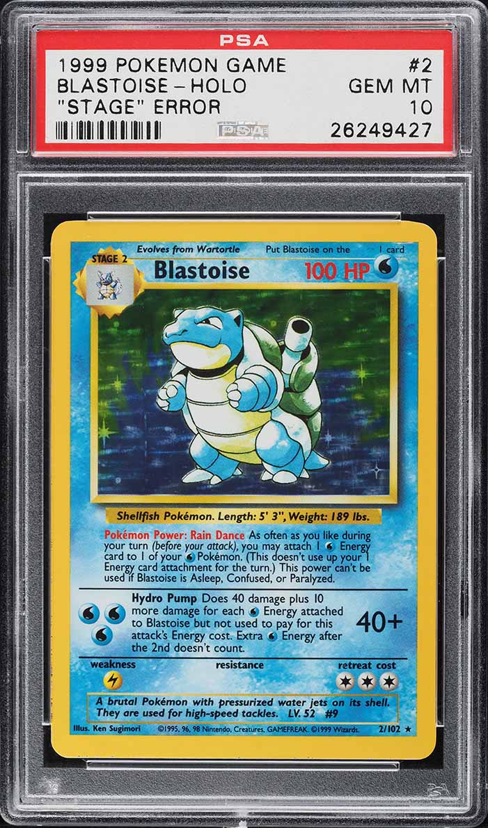 1999 POKEMON BASE SET STAGE ERROR HOLO BLASTOISE #2 PSA 10 GEM MINT