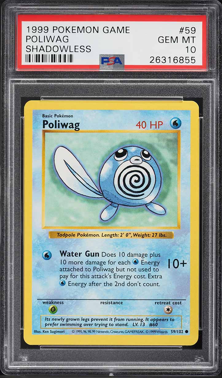 1999 POKEMON BASE SET SHADOWLESS POLIWAG #59 PSA 10 GEM MINT