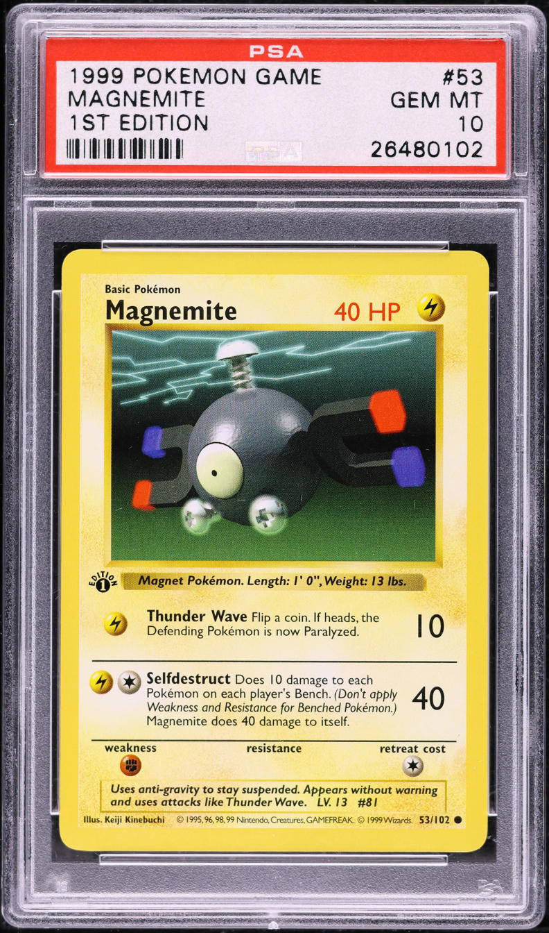 1999 POKEMON BASE SET SHADOWLESS 1ST EDITION MAGNEMITE #53 PSA 10 GEM MINT
