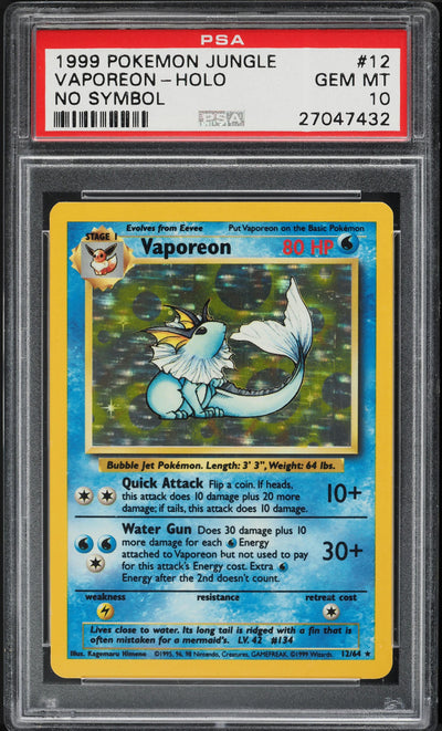 1999 POKEMON JUNGLE NO SYMBOL HOLO VAPOREON #12 PSA 10 GEM MINT