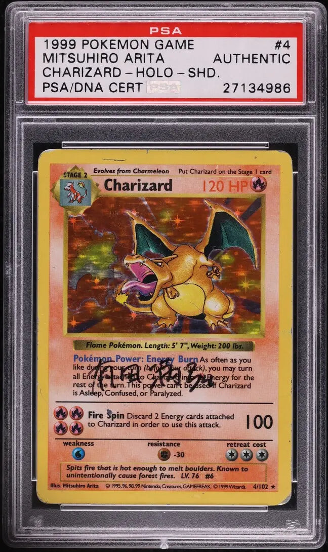 1999 POKEMON BASE SET SHADOWLESS HOLO CHARIZARD #4 ARITA AUTO PSA AUTHENTIC