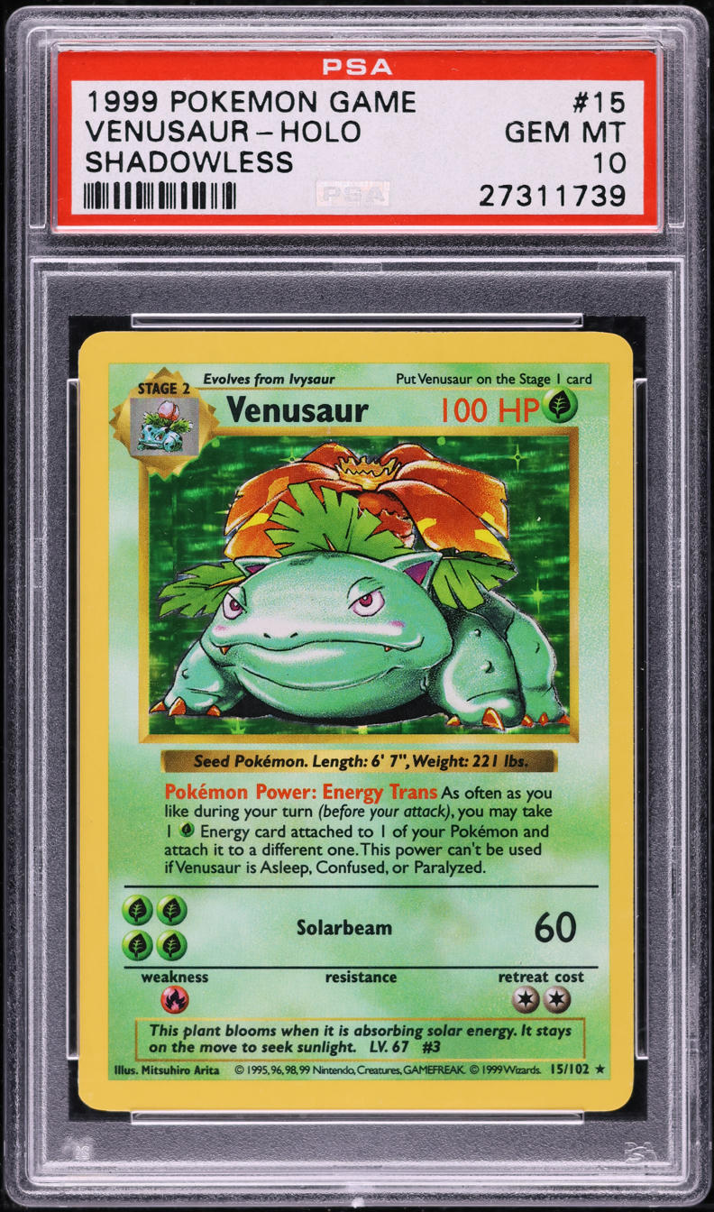 1999 POKEMON BASE SET SHADOWLESS HOLO VENUSAUR #15 PSA 10 GEM MINT