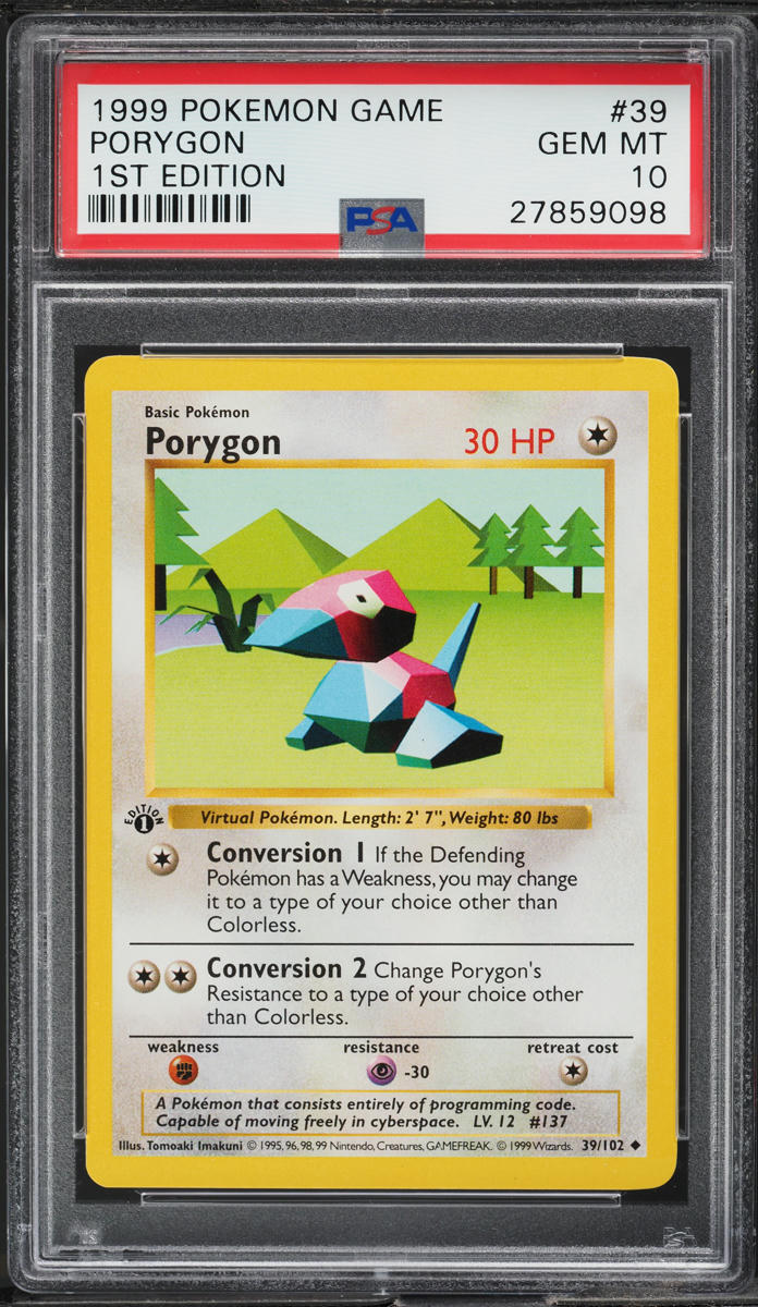 1999 POKEMON BASE SET SHADOWLESS 1ST EDITION PORYGON #39 PSA 10 GEM MINT