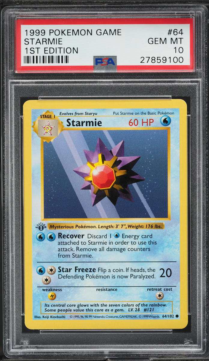 1999 POKEMON BASE SET SHADOWLESS 1ST EDITION STARMIE #64 PSA 10 GEM MINT