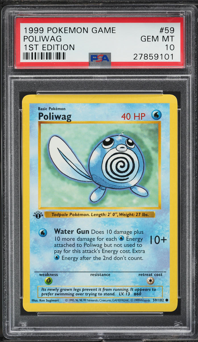1999 POKEMON BASE SET SHADOWLESS 1ST EDITION POLIWAG #59 PSA 10 GEM MINT