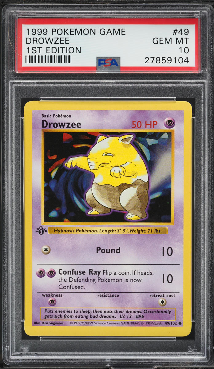 1999 POKEMON BASE SET SHADOWLESS 1ST EDITION DROWZEE #49 PSA 10 GEM MINT