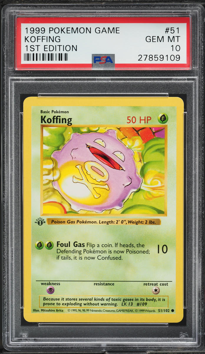1999 POKEMON BASE SET SHADOWLESS 1ST EDITION KOFFING #51 PSA 10 GEM MINT
