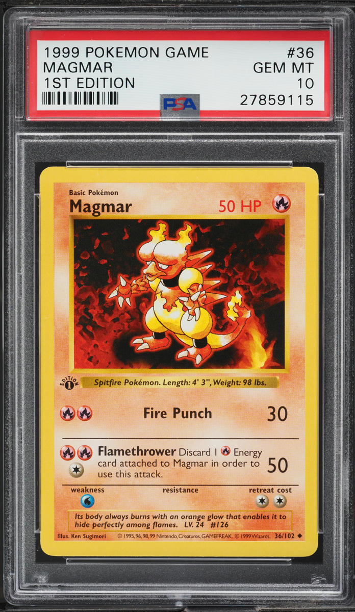 1999 POKEMON BASE SET SHADOWLESS 1ST EDITION MAGMAR #36 PSA 10 GEM MINT