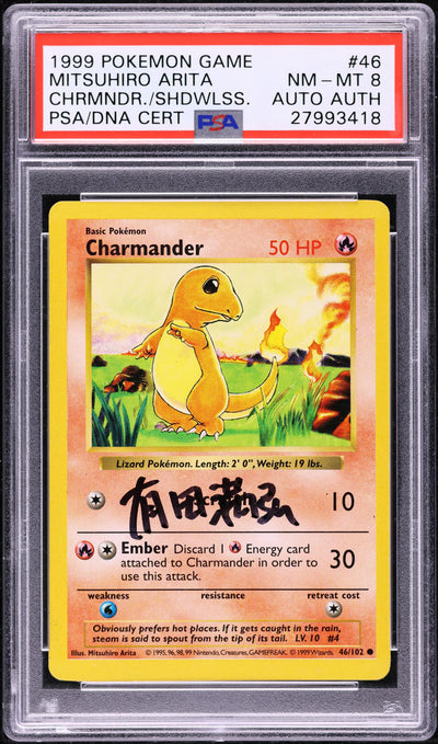 1999 POKEMON BASE SET SHADOWLESS CHARMANDER #46 ARITA AUTO AUTH PSA 8
