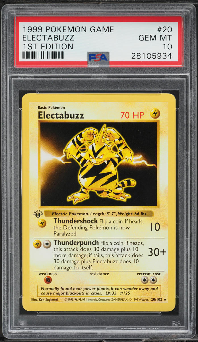 1999 POKEMON BASE SET SHADOWLESS 1ST EDITION ELECTABUZZ #20 PSA 10 GEM MINT