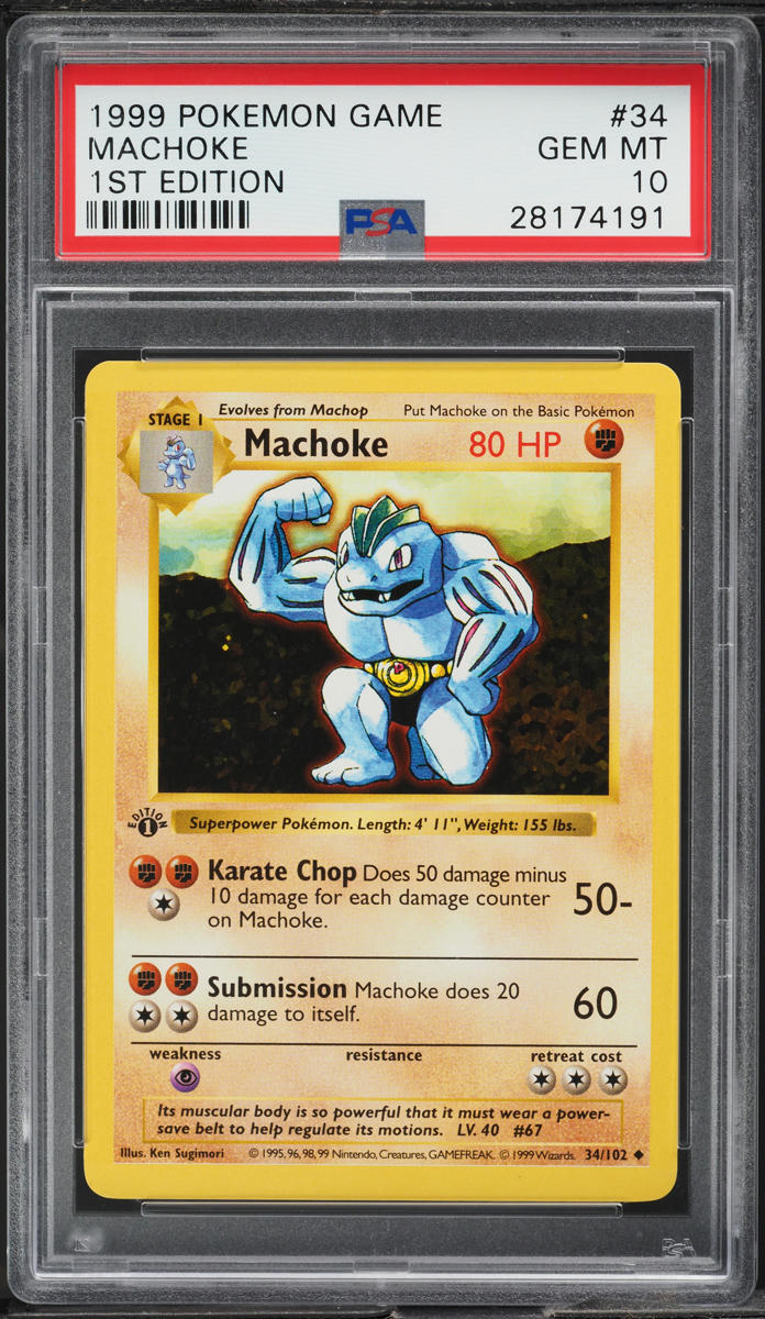 1999 POKEMON BASE SET SHADOWLESS 1ST EDITION MACHOKE #34 PSA 10 GEM MINT