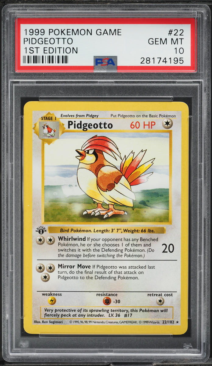 1999 POKEMON BASE SET SHADOWLESS 1ST EDITION PIDGEOTTO #22 PSA 10 GEM MINT