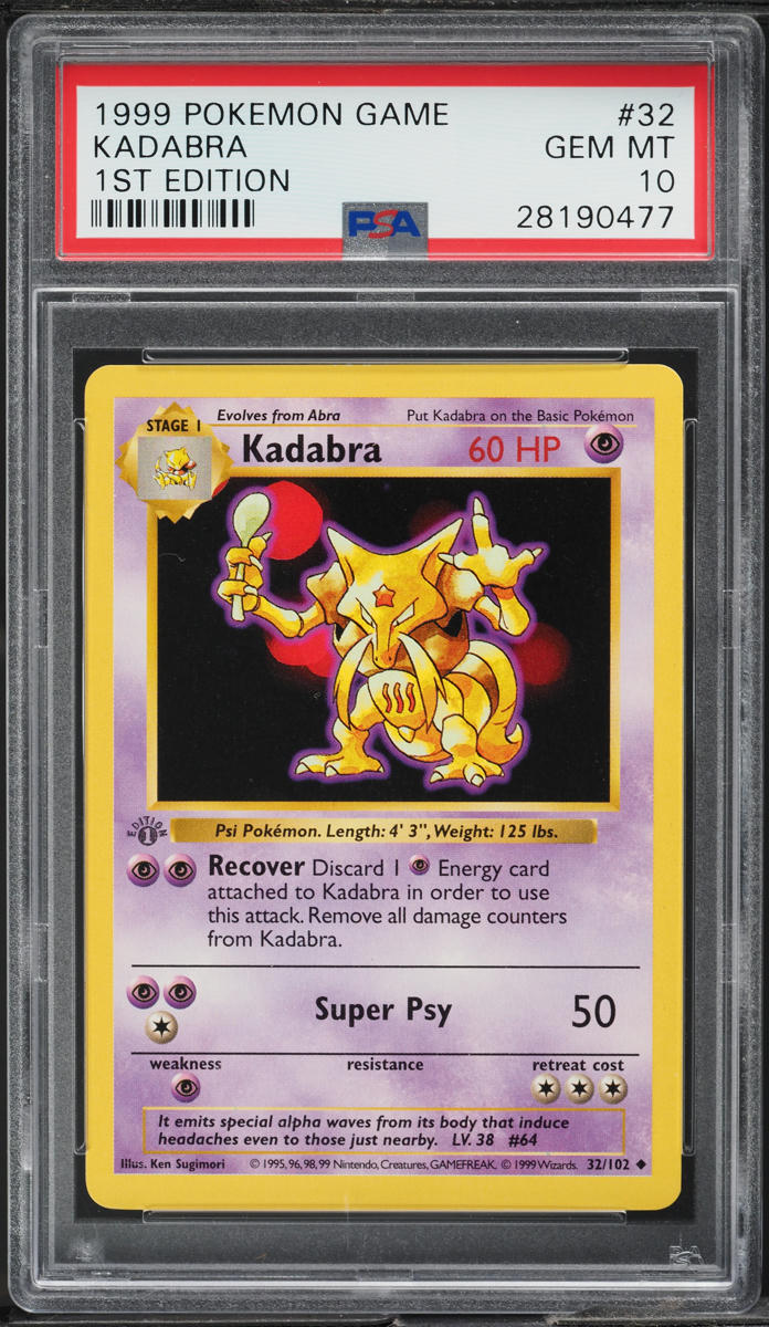 1999 POKEMON BASE SET SHADOWLESS 1ST EDITION KADABRA #32 PSA 10 GEM MINT