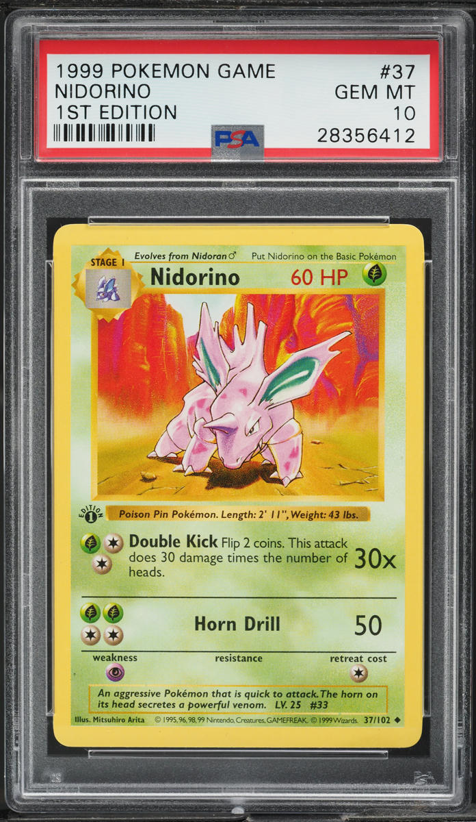 1999 POKEMON BASE SET SHADOWLESS 1ST EDITION NIDORINO #37 PSA 10 GEM MINT