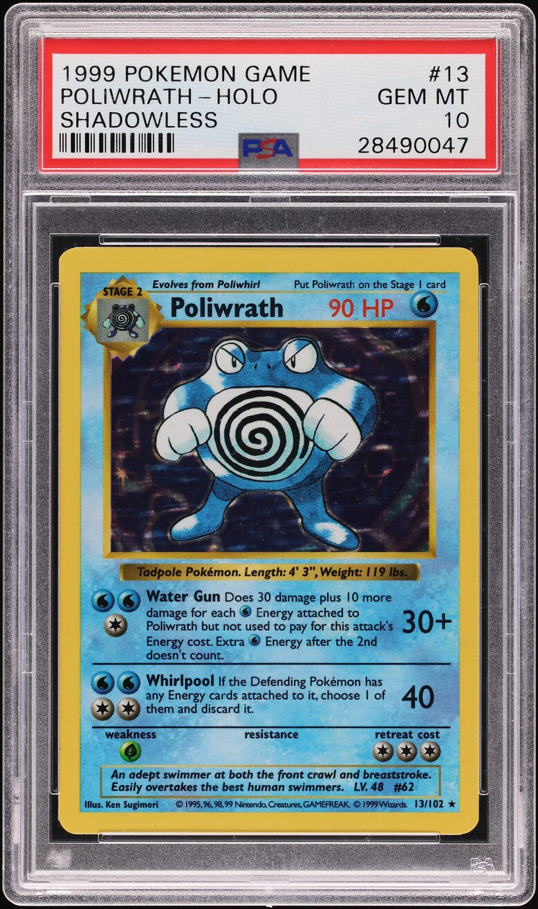 1999 POKEMON BASE SET SHADOWLESS HOLO POLIWRATH #13 PSA 10 GEM MINT