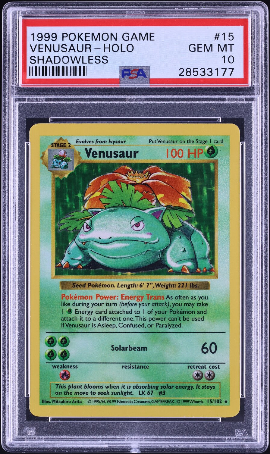 1999 POKEMON BASE SET SHADOWLESS HOLO VENUSAUR #15 PSA 10 GEM MINT