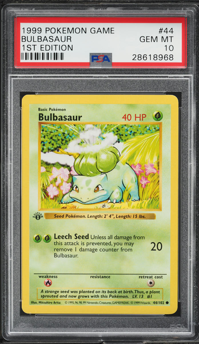 1999 POKEMON BASE SET SHADOWLESS 1ST EDITION BULBASAUR #44 PSA 10 GEM MINT