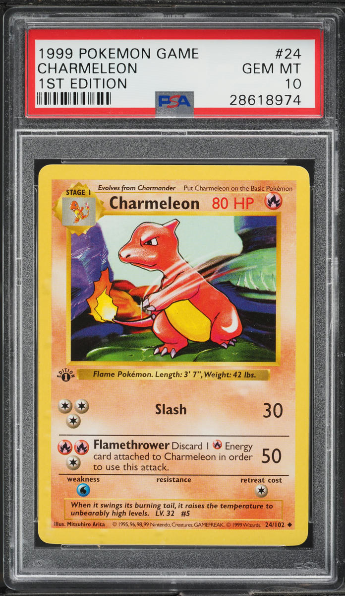 1999 POKEMON BASE SET SHADOWLESS 1ST EDITION CHARMELEON #24 PSA 10 GEM MINT