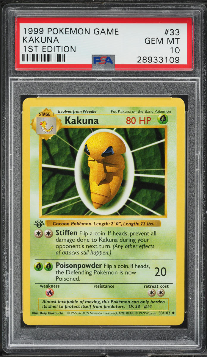 1999 POKEMON BASE SET SHADOWLESS 1ST EDITION KAKUNA #33 PSA 10 GEM MINT