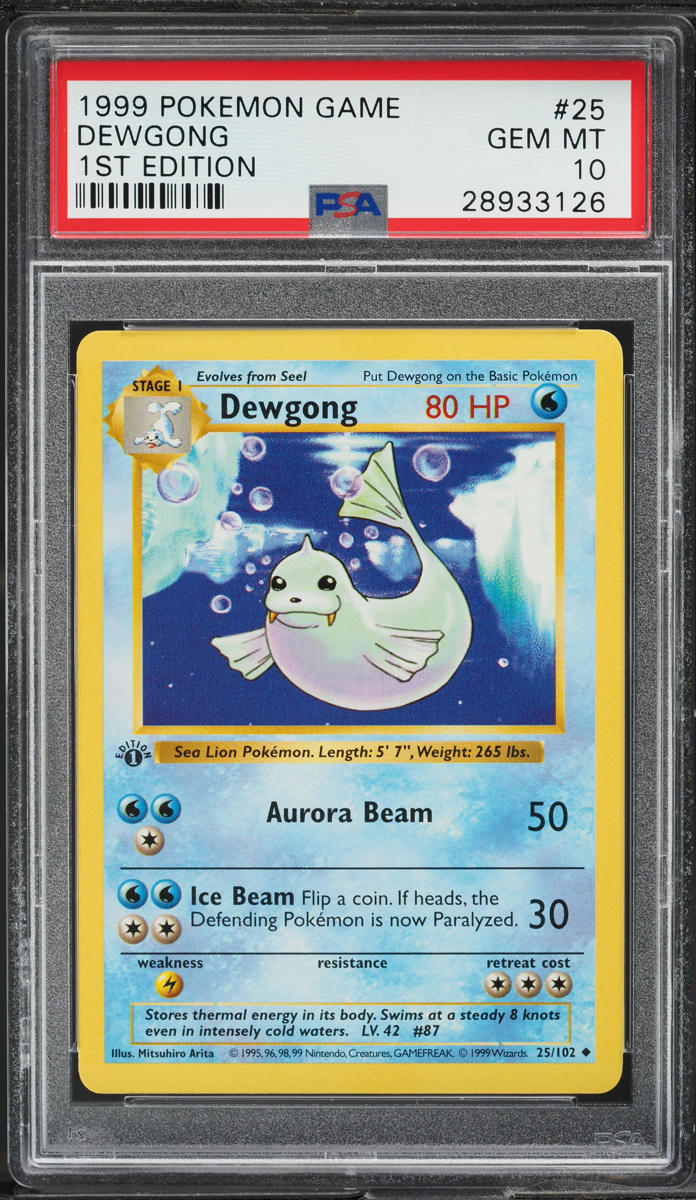 1999 POKEMON BASE SET SHADOWLESS 1ST EDITION DEWGONG #25 PSA 10 GEM MINT