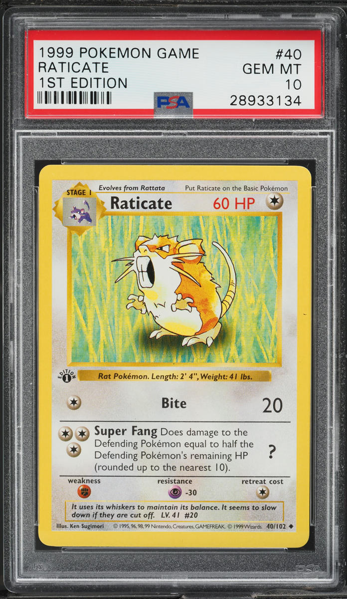 1999 POKEMON BASE SET SHADOWLESS 1ST EDITION RATICATE #40 PSA 10 GEM MINT